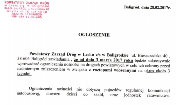 Ograniczenia tonażu na drogach powiatowych